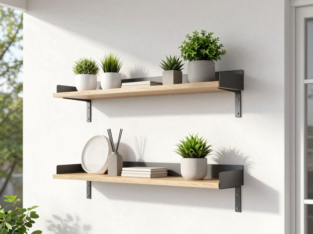 floating shelves mounted on porch wall displaying small plants and decorative items