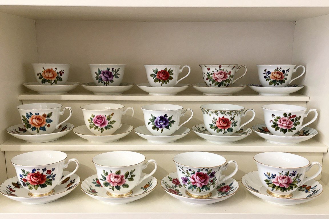 floral pattern tea cups grouped together showing design variations