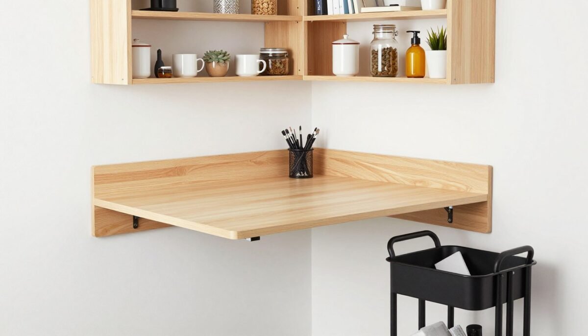fold-down craft table in small room with storage solutions