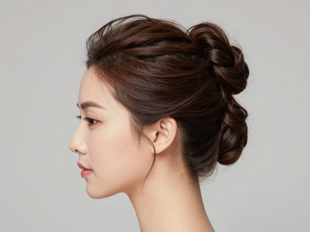 formal hairstyle on round face shape showing lengthening effect