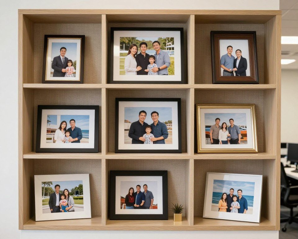 framed family photos displayed on cubicle wall