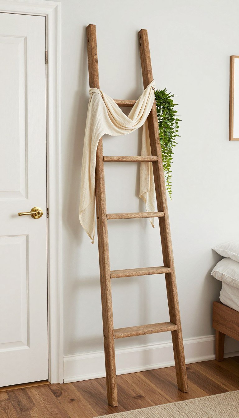 freestanding decorative ladder near bedroom door