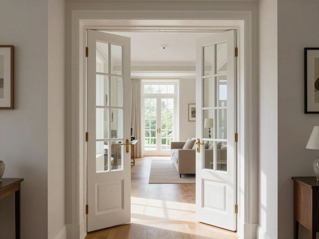 french doors with glass panels connecting hallway to living room