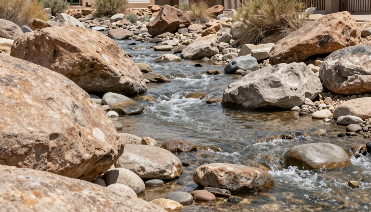 front yard dry river bed made with various sizes of river rocks creating natural flowing pattern