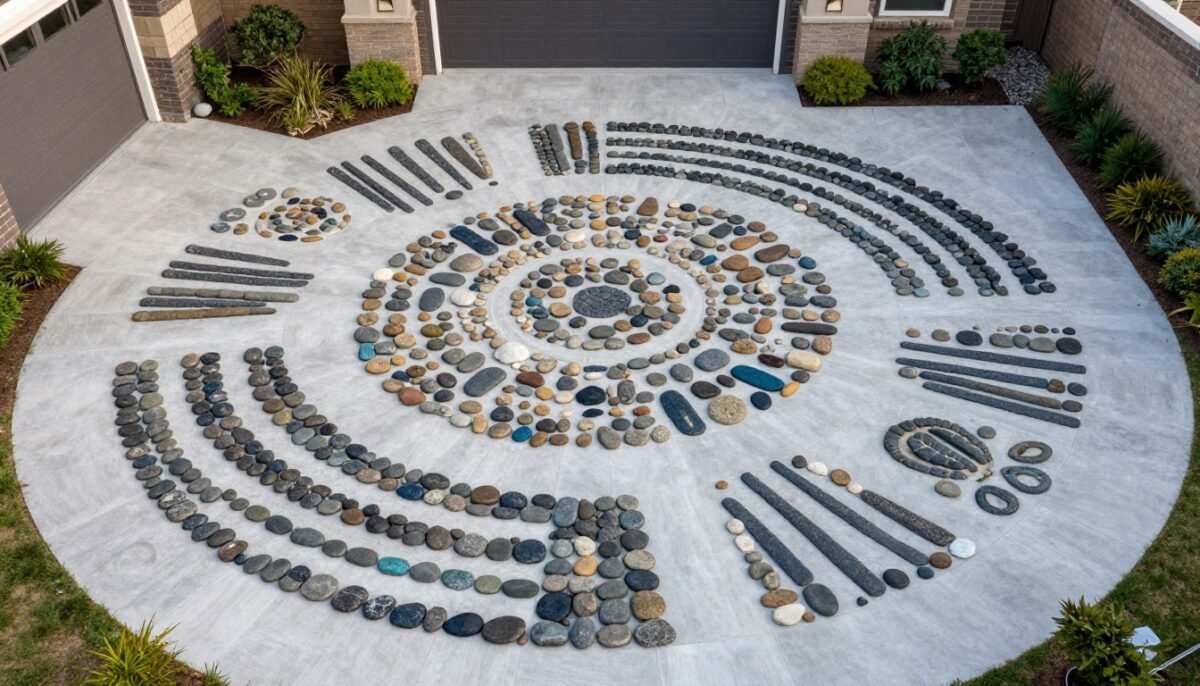 front yard featuring geometric patterns created with different colored river rocks