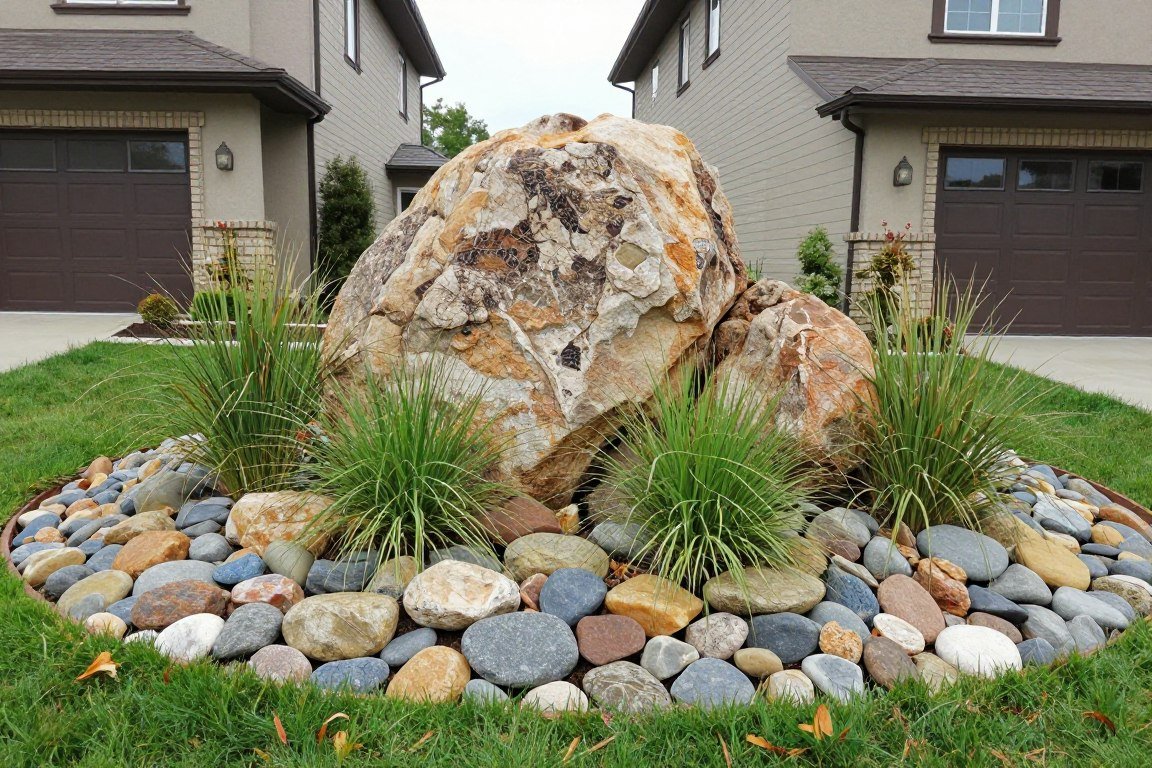 front yard focal point featuring large decorative boulders surrounded by smaller river rocks