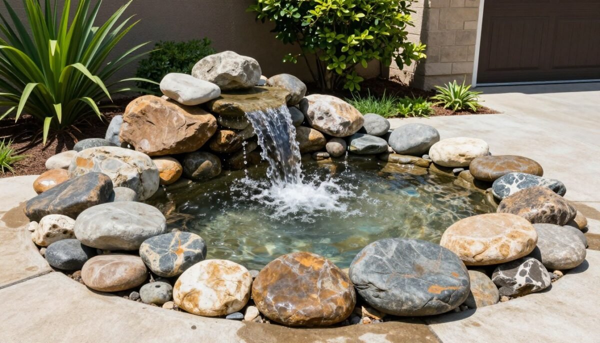 front yard fountain surrounded by river rocks creating natural water feature landscape