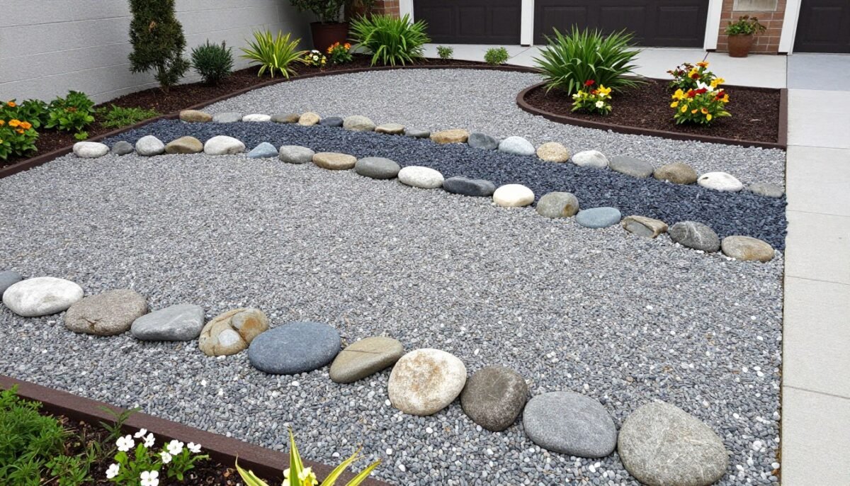 front yard landscaping mixing gravel base with decorative river rocks for texture variation