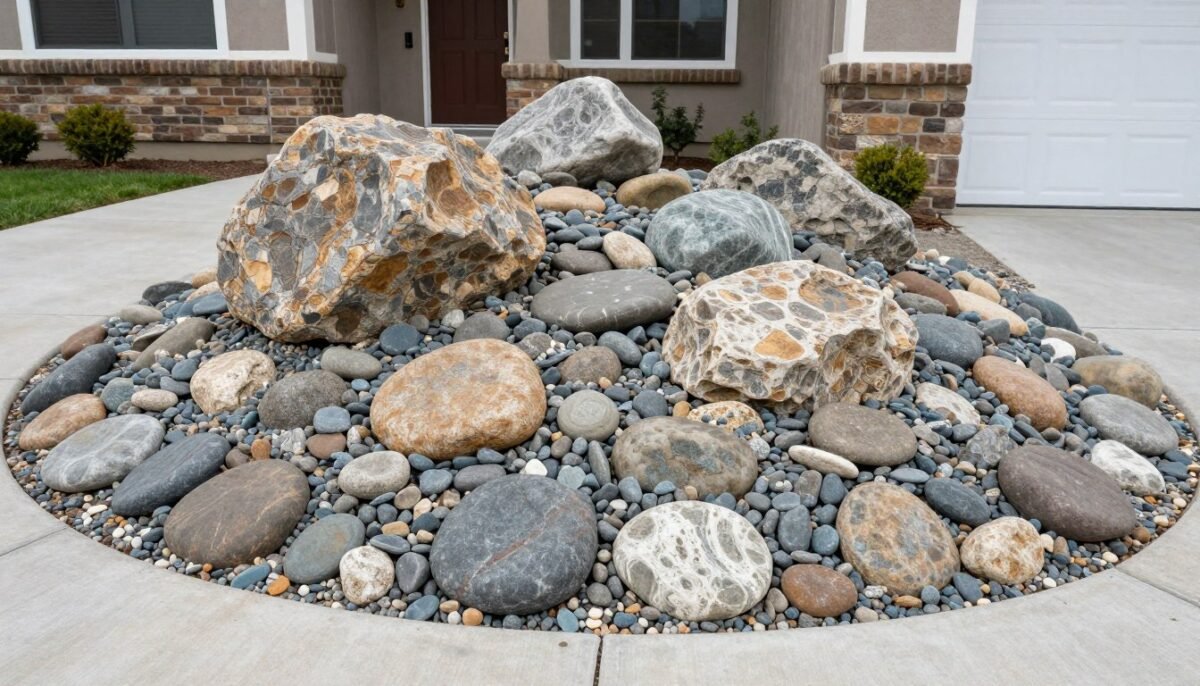 front yard showing layered landscaping with different rock sizes creating depth and texture