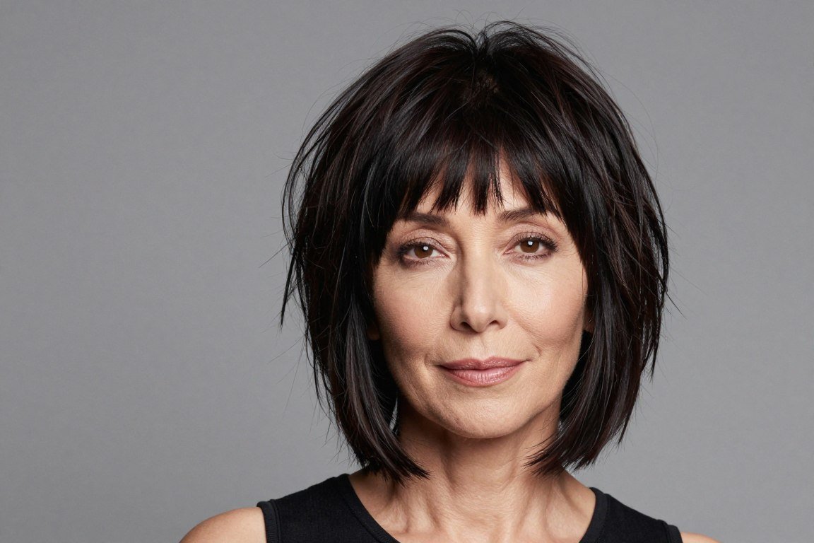full shag haircut with blunt bangs