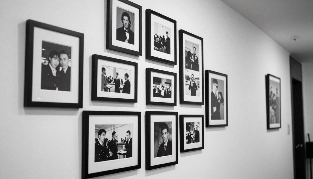gallery wall arrangement in narrow hallway with mixed frame sizes