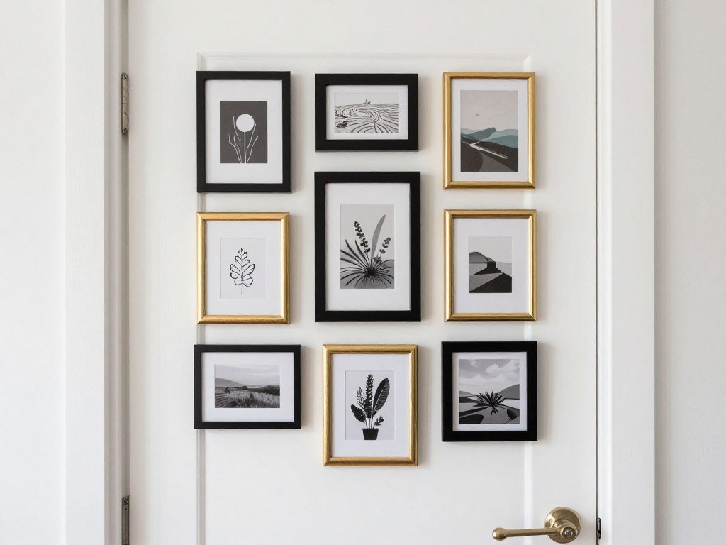 gallery wall of framed art on bedroom door