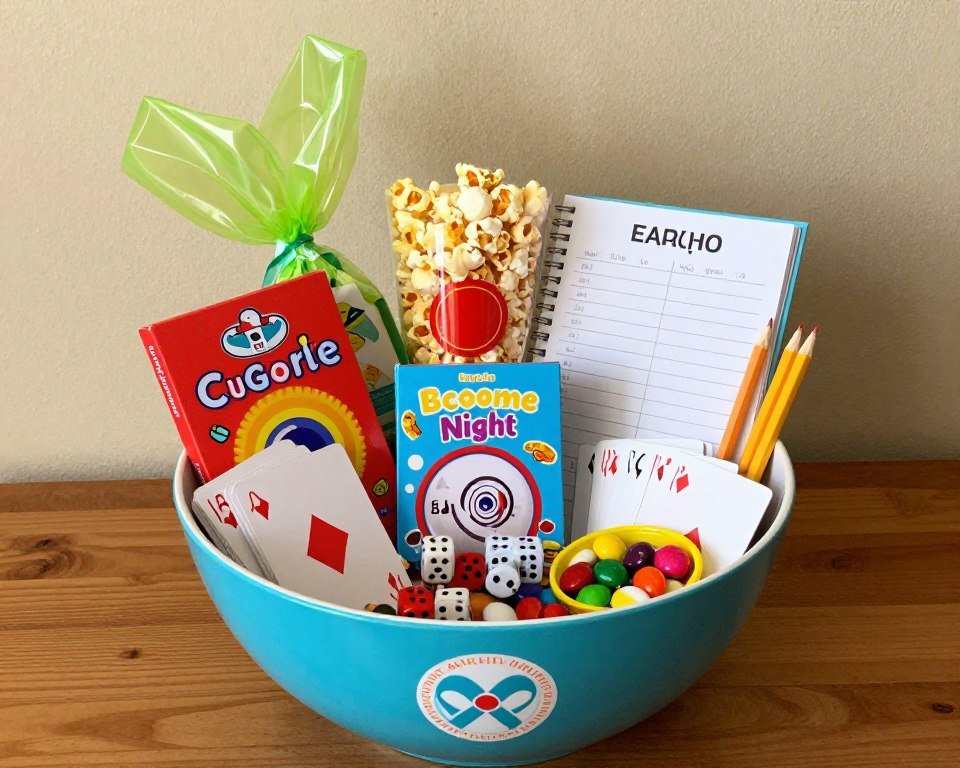 game night gift basket with cards and snacks