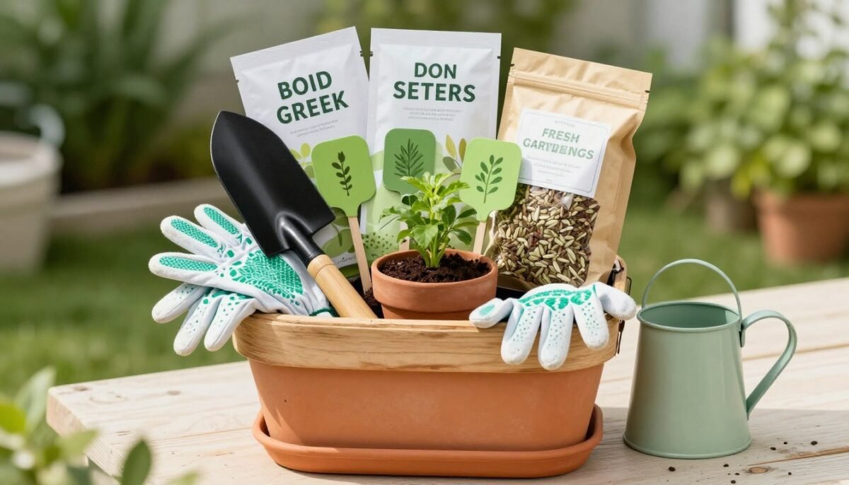 gardening gift basket with tools and seeds