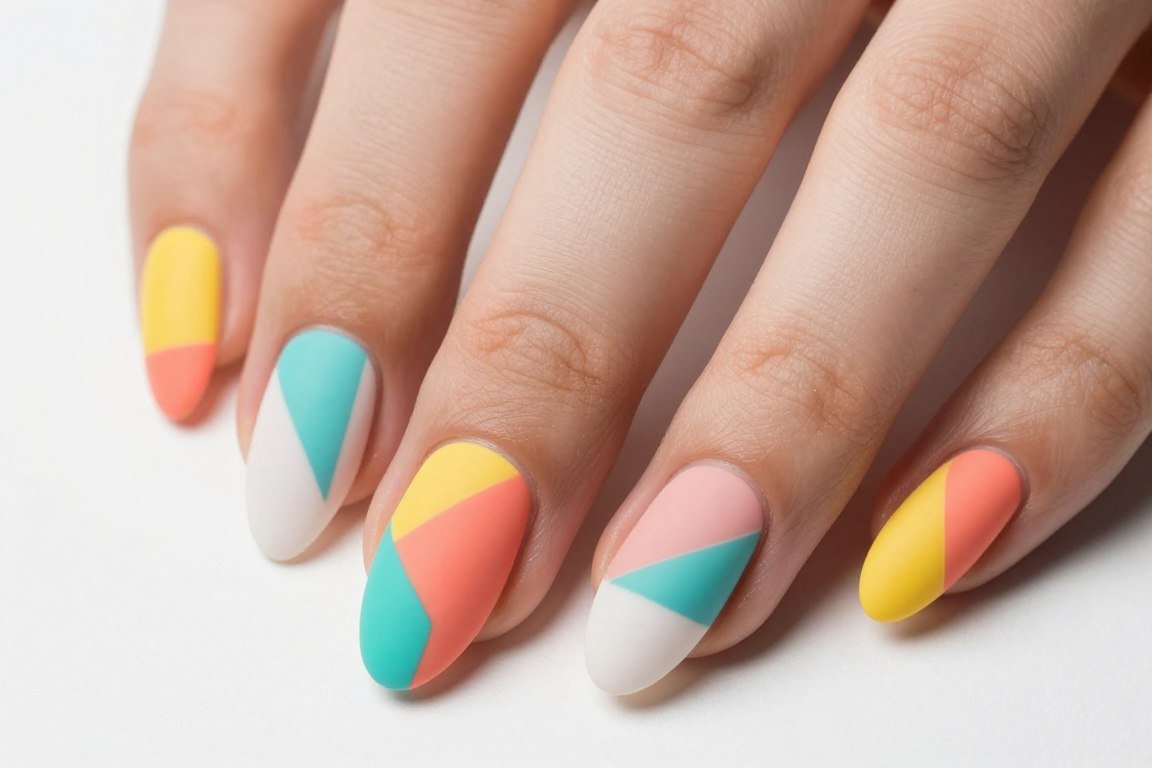 geometric color block nail art with summer colors