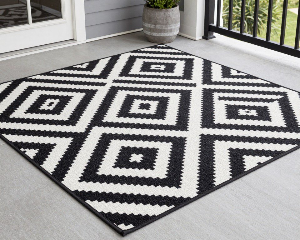 geometric patterned outdoor rug defining small front porch seating area