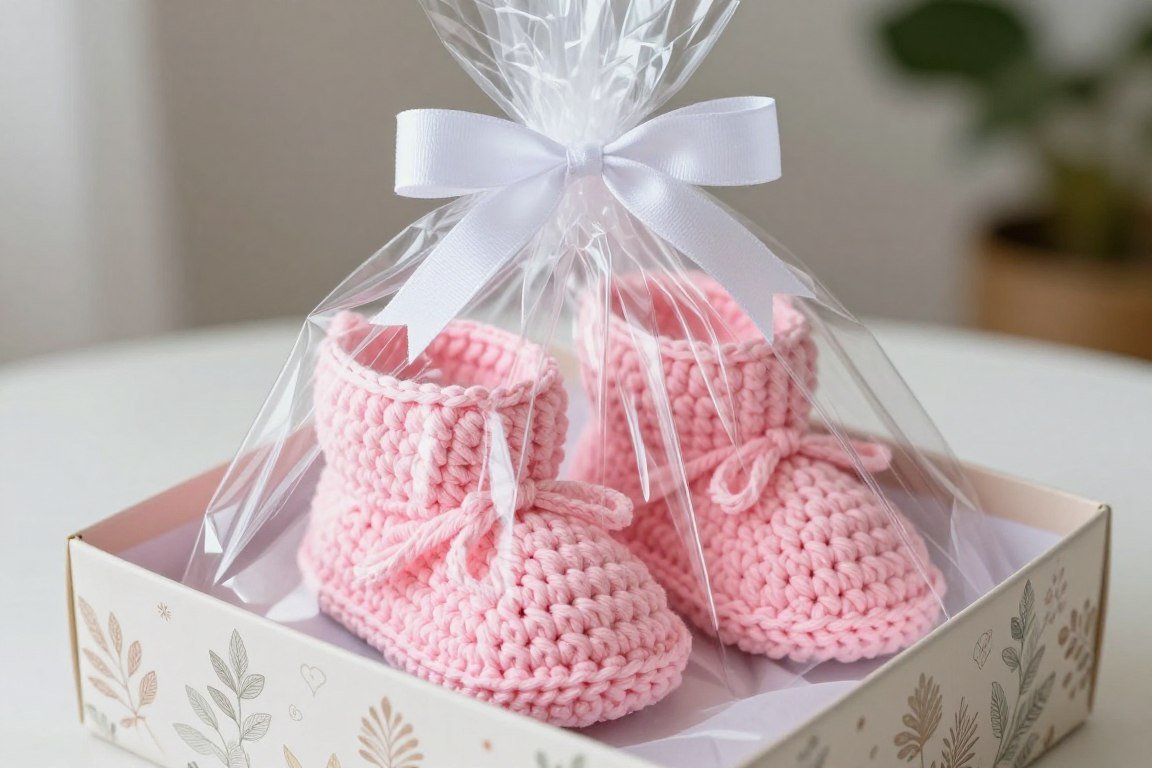 gift wrapped crochet baby booties presentation