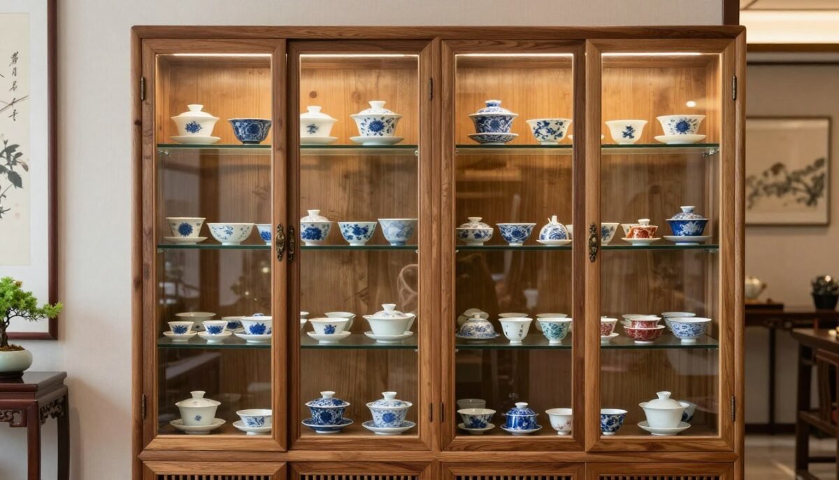 glass front cabinet displaying organized tea cup collection glass front cabinet displaying organized tea cup collection