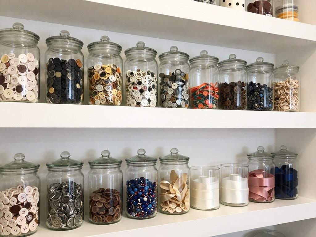 glass jars filled with craft supplies on floating shelves