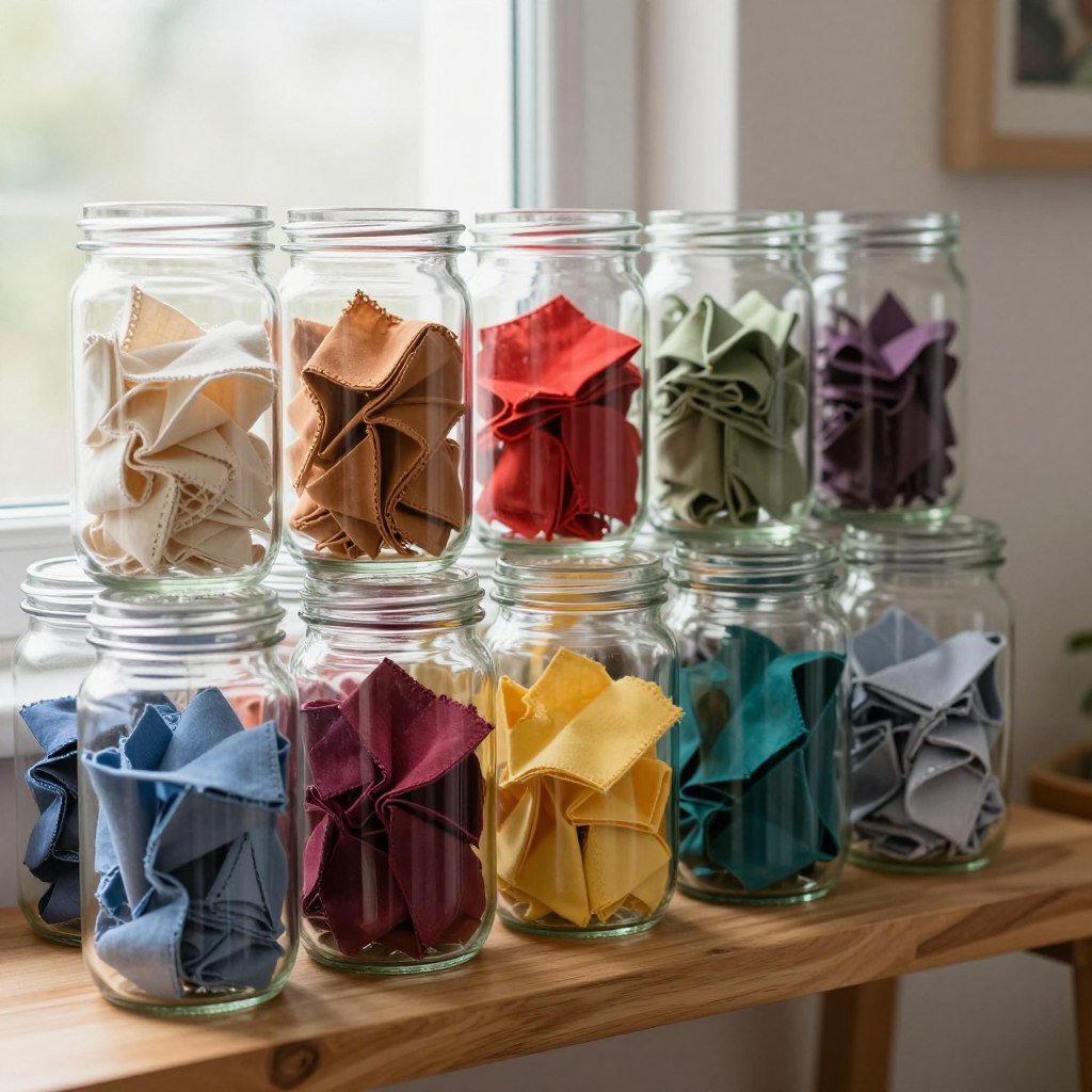 glass jars filled with fabric scraps sorted by color on wooden shelf