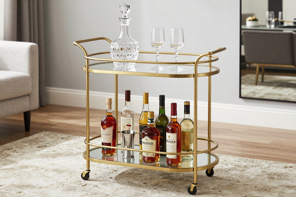 gold metal bar cart with two tiers holding bottles, glasses, and bar accessories in modern living room