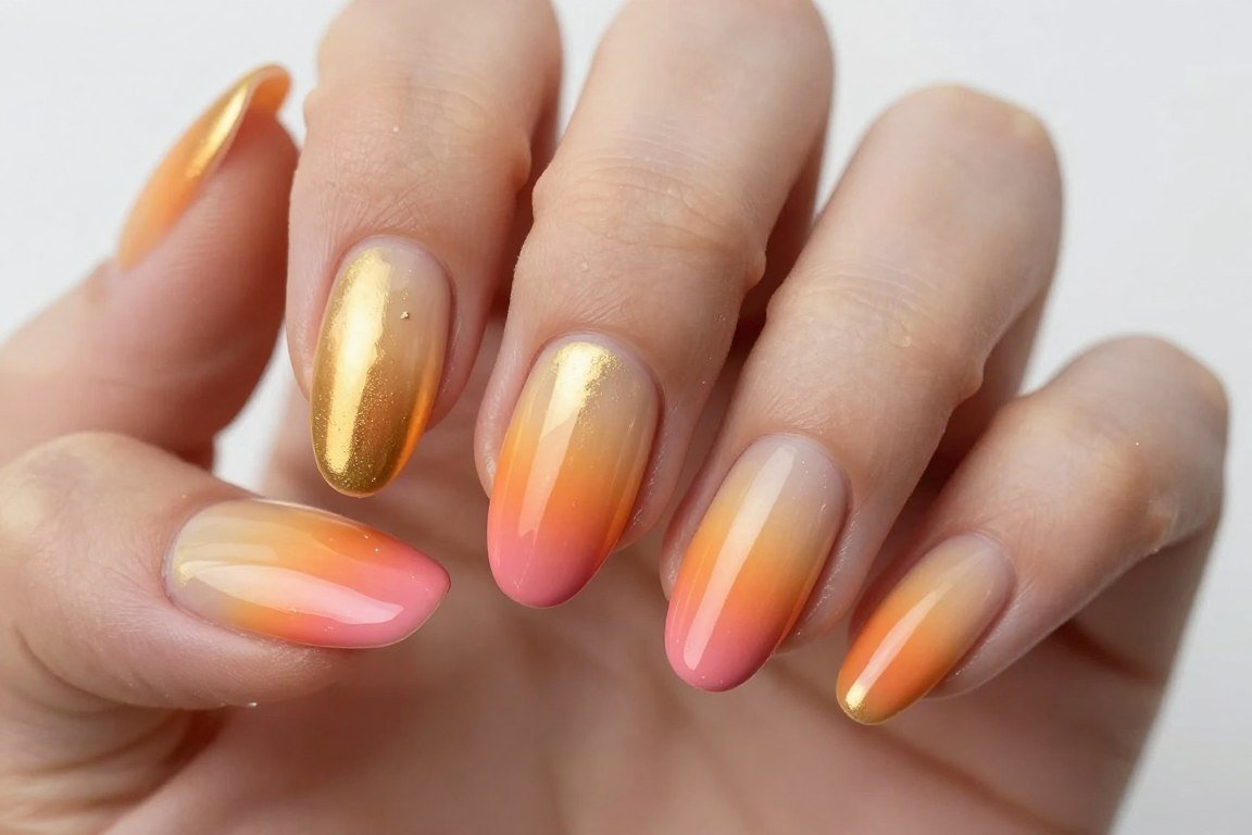 golden hour gradient nail design with sunset colors