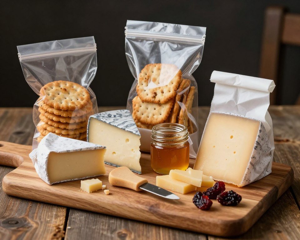 gourmet cheese gift basket on wooden board