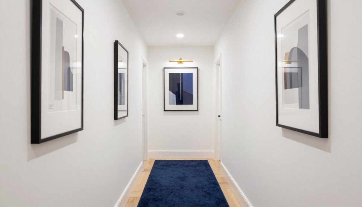 hallway with cohesive color scheme in neutrals and one accent color