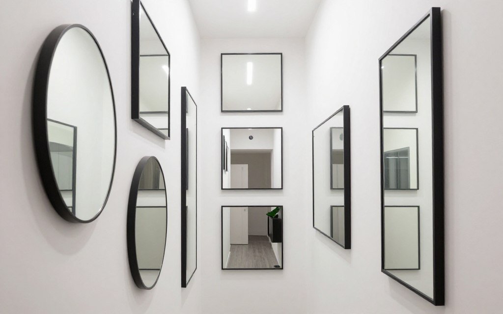 hallway with multiple mirrors creating illusion of larger space