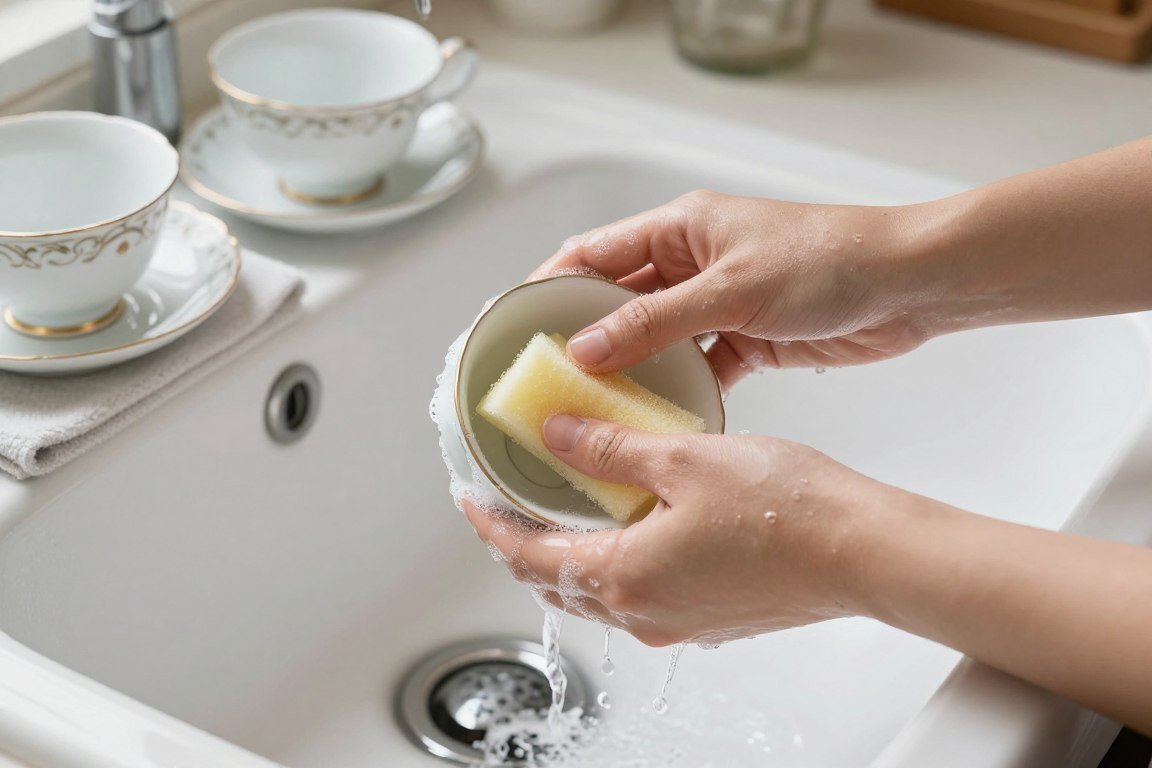 hand washing vintage tea cup in sink with gentle soap