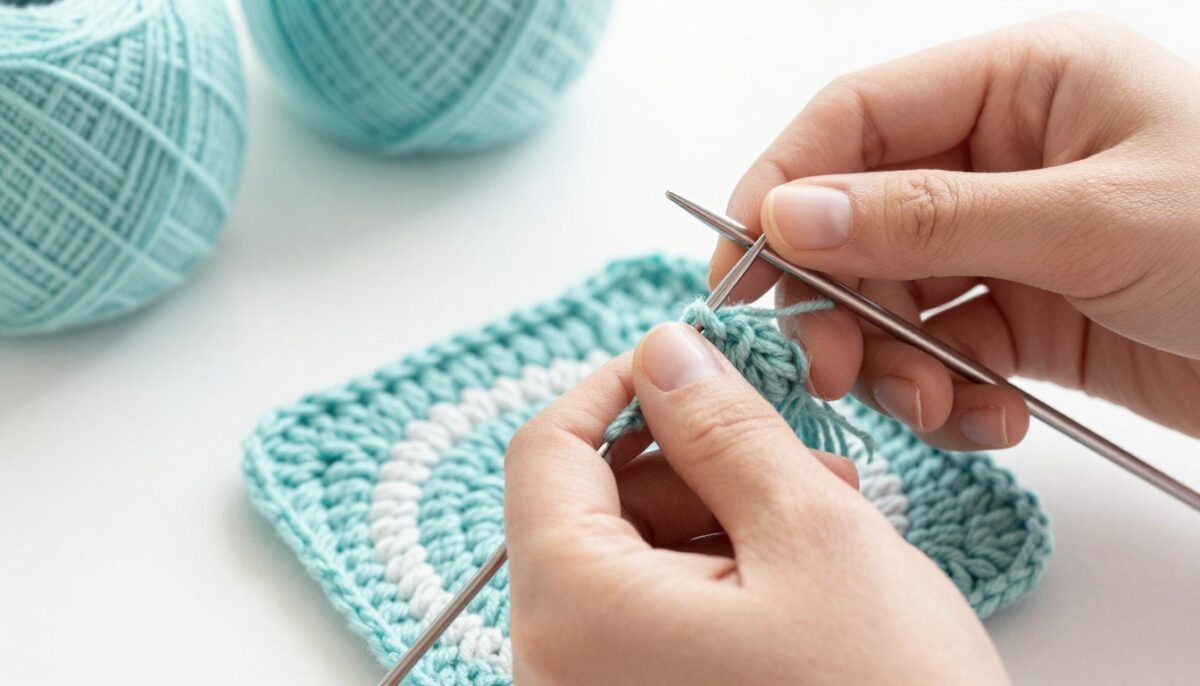 hands demonstrating first round of crochet coaster pattern with hook and yarn