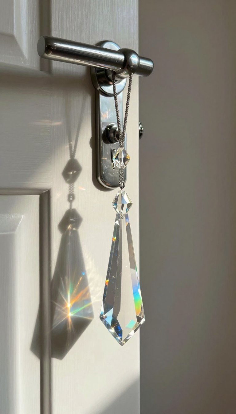 hanging glass prisms on bedroom door creating rainbow light