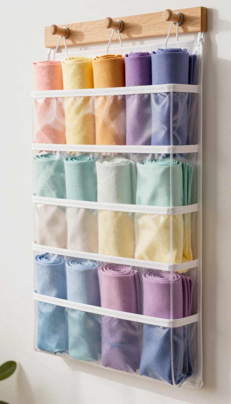 hanging shoe organizer with clear pockets filled with rolled fat quarters by color