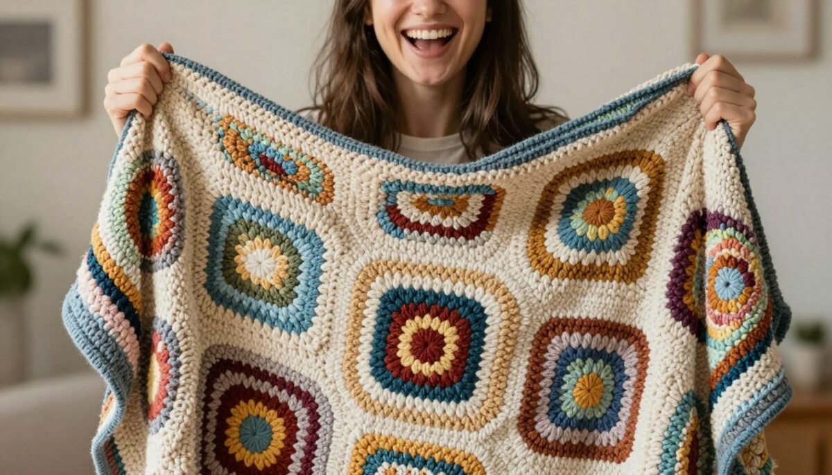 happy crafter with completed afghan happy crafter with completed afghan