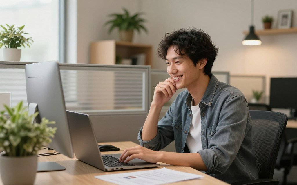 happy professional working in cozy cubicle