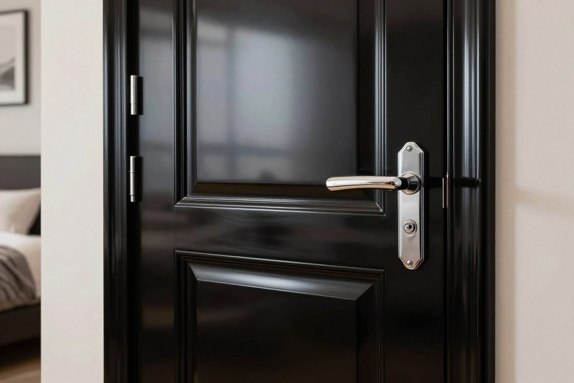 high gloss black painted bedroom door with reflective finish