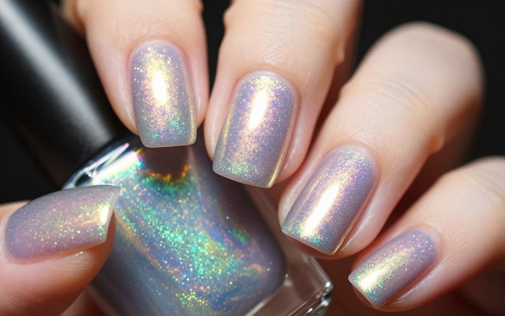 holographic May nail design showing rainbow color shifts
