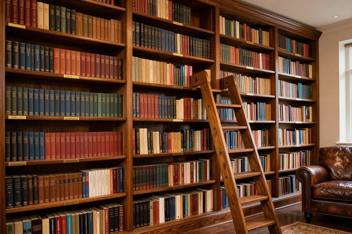 home library bookshelf organized with library-style labels and systematic arrangement