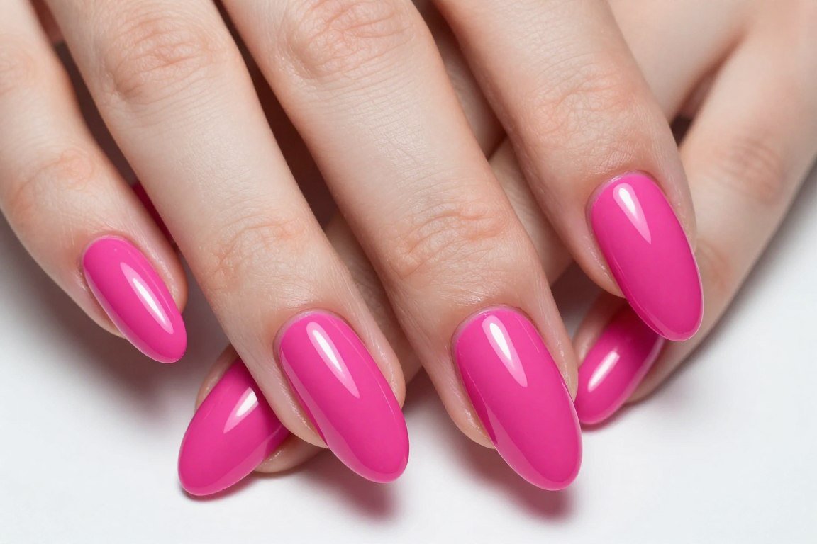 hot pink glossy summer nails with high shine finish