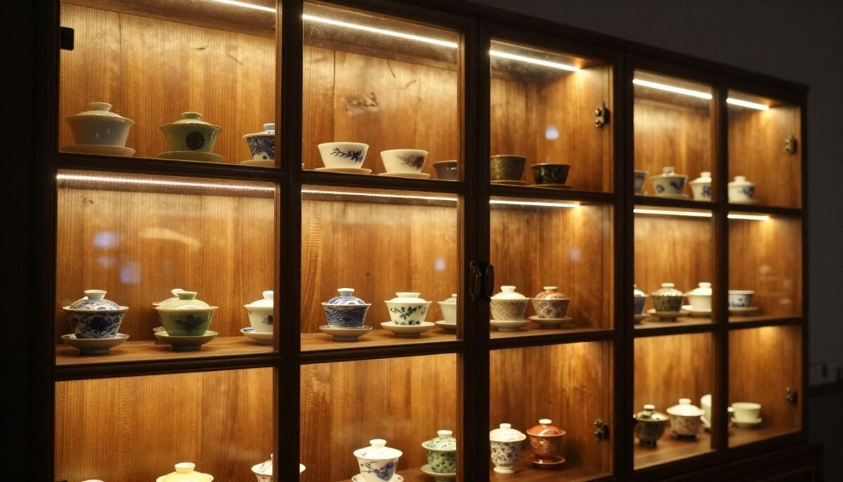 illuminated china cabinet interior showing tea cup collection illuminated china cabinet interior showing tea cup collection