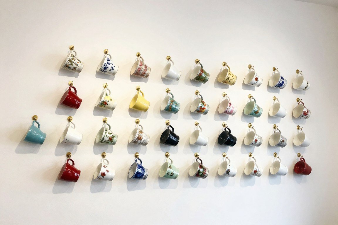 individual brass hooks displaying vintage tea cups in artistic arrangement