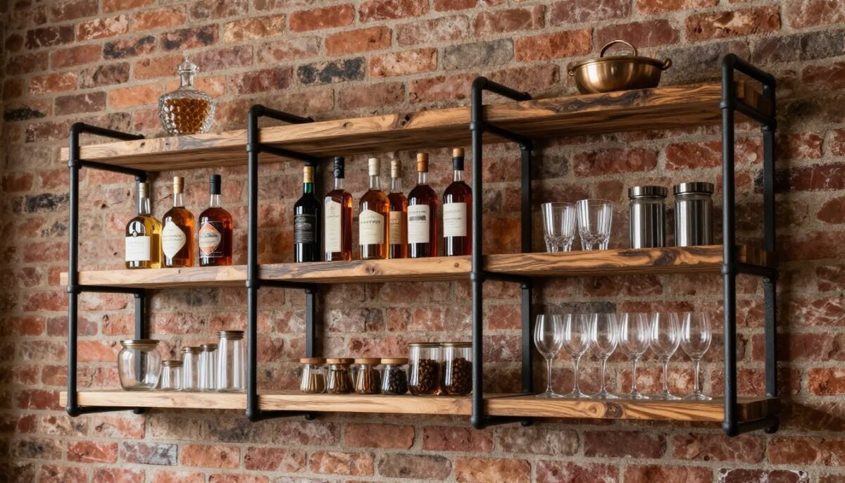 industrial pipe shelving displaying bottles and glassware