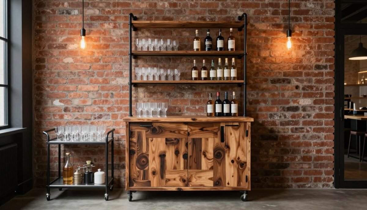 industrial style mini bar with metal shelving and exposed materials