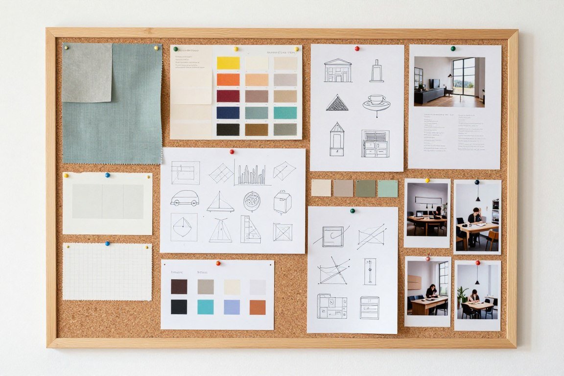inspiration board with fabric swatches and project ideas on wall