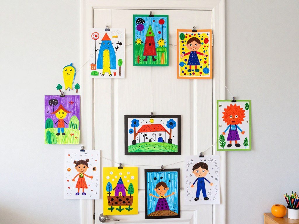 kids artwork displayed on bedroom door with clips