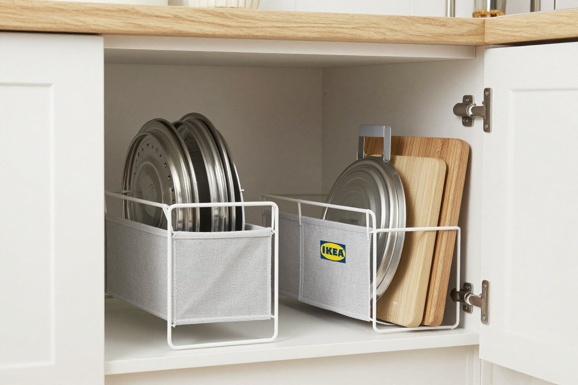 kitchen cabinet doors with mounted IKEA organizers holding lids and cutting boards