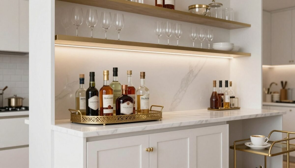 kitchen counter end converted into mini bar area with bar cart nearby