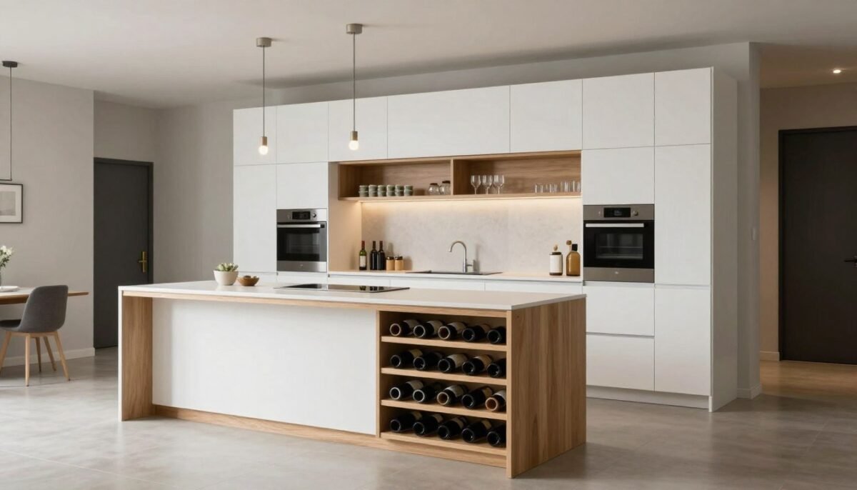 kitchen island with built-in wine rack and bar storage area on one side