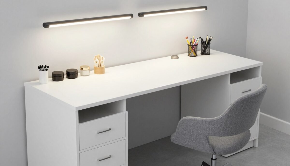 large craft table workspace with storage drawers and organized supplies