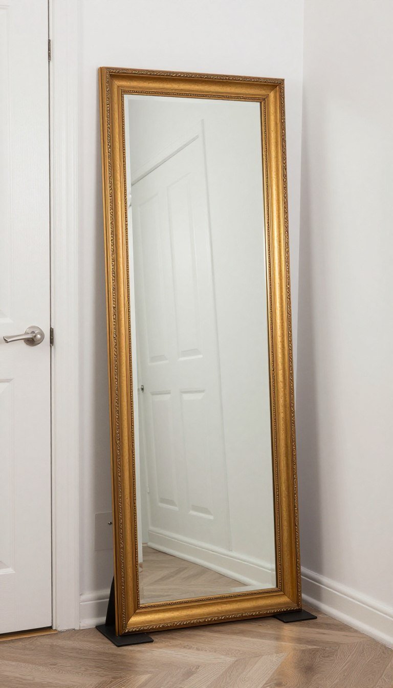 large mirror leaning against bedroom door